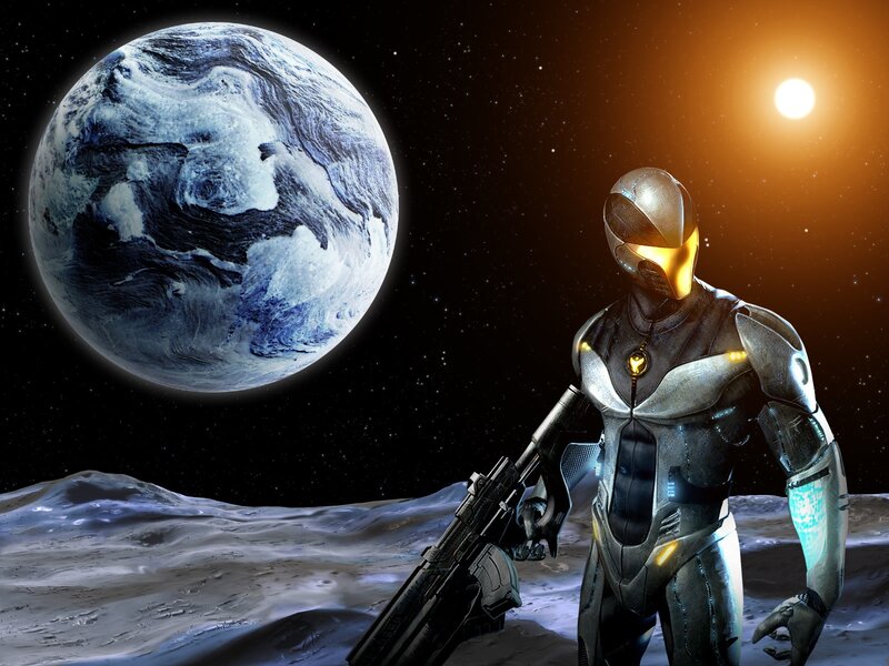 Soldier in Futuristic Armor — Black, Dramatic, Digital Art, Planet Earth