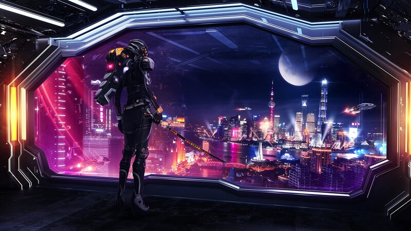 Soldier in Futuristic Armor — Black, Dramatic, Night, Digital Art, Cityscape, Swords