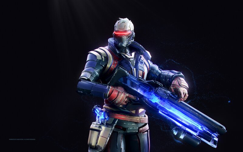 Soldier in Futuristic Armor — Black, Dramatic, Night, Digital Art, Gun, Helmet, Blue Light
