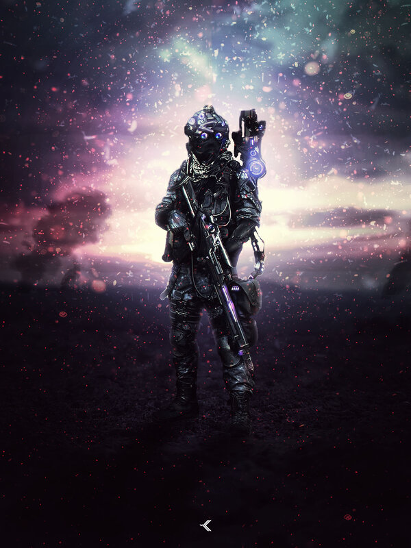 Soldier in Futuristic Armor — Black, Dramatic, Night, Digital Art, Gun, Helmet, Space Debris