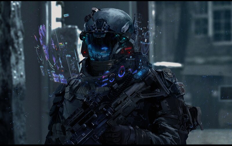 Soldier in Futuristic Armor — Black, Dramatic, Night, Digital Art, Helmet, Rifle