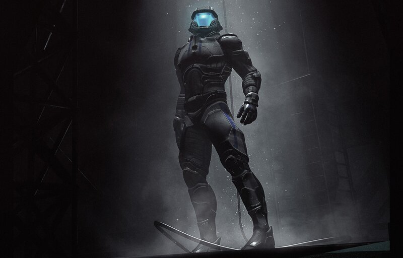 Soldier in Futuristic Armor — Black, Dramatic, Night, Digital Art, Helmet, Skateboard