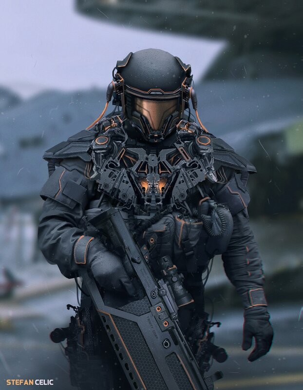 Soldier in Futuristic Armor — Black, Dramatic, Winter, Digital Art