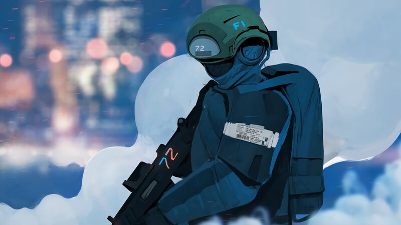 Soldier in Futuristic Armor — Blue, Dramatic, Night, Digital Art, Gun, Helmet