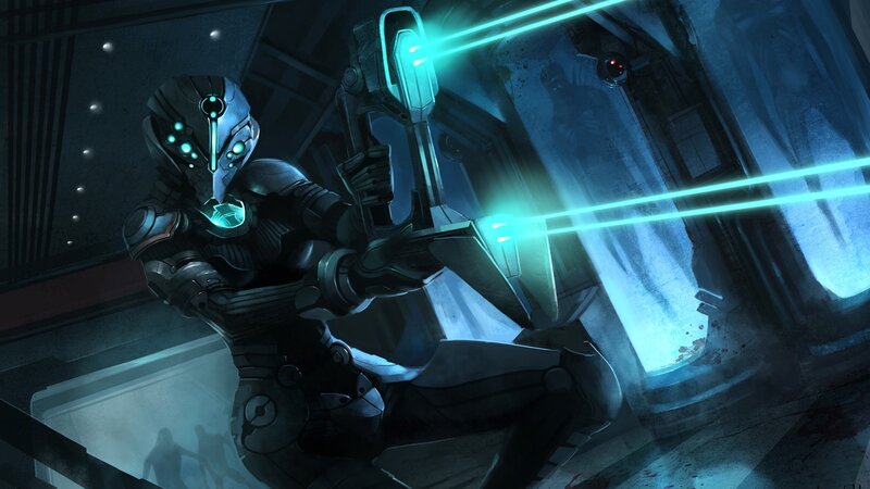 Soldier in Futuristic Armor — Blue, Dramatic, Night, Digital Art, Laser Weapon