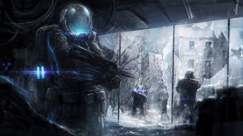 Soldier in Futuristic Armor — Blue, Dramatic, Winter, Digital Art