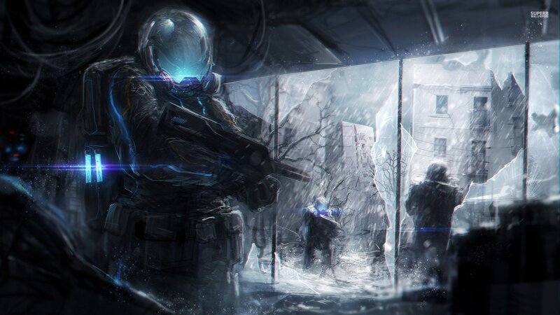 Soldier in Futuristic Armor — Blue, Dramatic, Winter