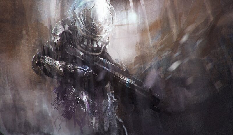 Soldier in Futuristic Armor — Gray, Dramatic, Digital Art, Gun