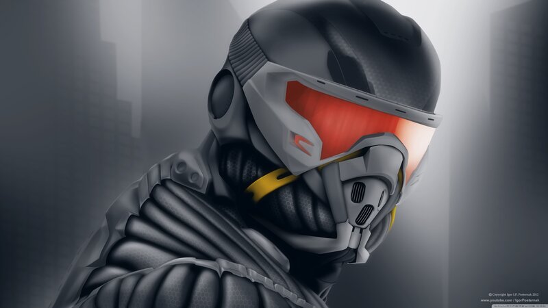 Soldier in Futuristic Armor — Gray, Dramatic, Digital Art, Helmet, Cityscape, Mask