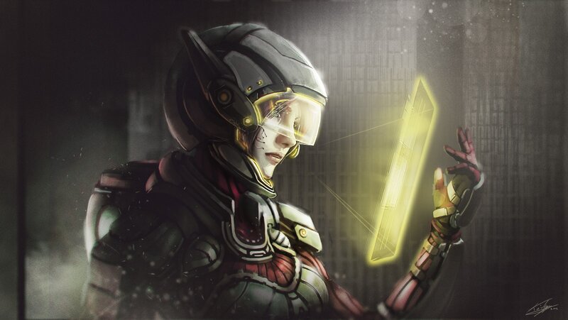 Soldier in Futuristic Armor — Gray, Dramatic, Digital Art, Helmet, Glowing Object