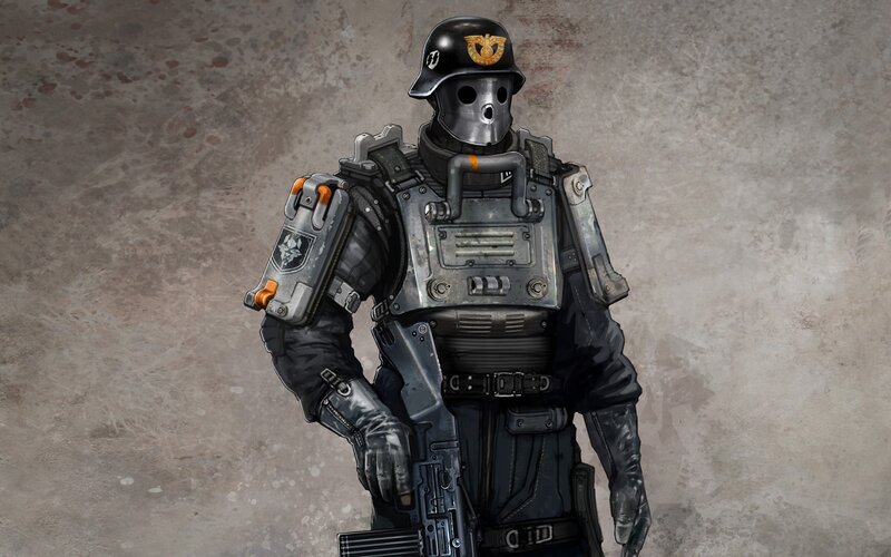 Soldier in Futuristic Armor — Gray, Dramatic, Digital Art, Helmet, Rifle