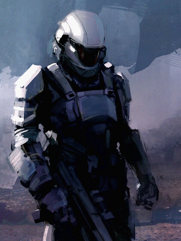 Soldier in Futuristic Armor — Gray, Dramatic, Digital Art, Helmet, Weapon