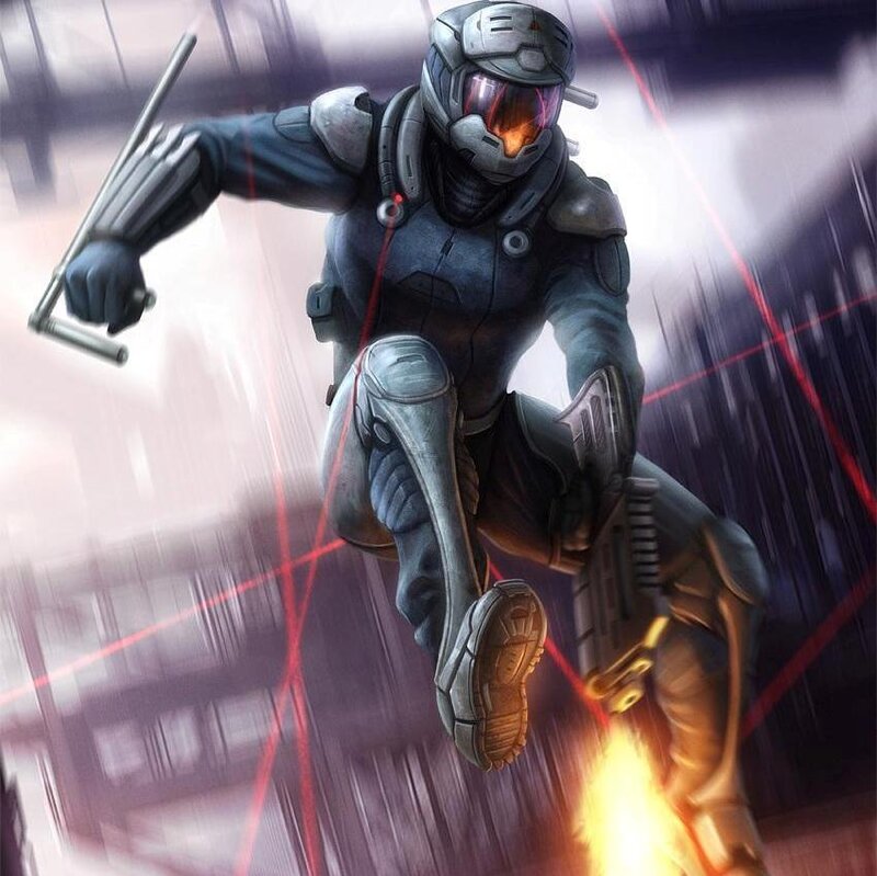 Soldier in Futuristic Armor — Gray, Dramatic, Digital Art, Laser Beams