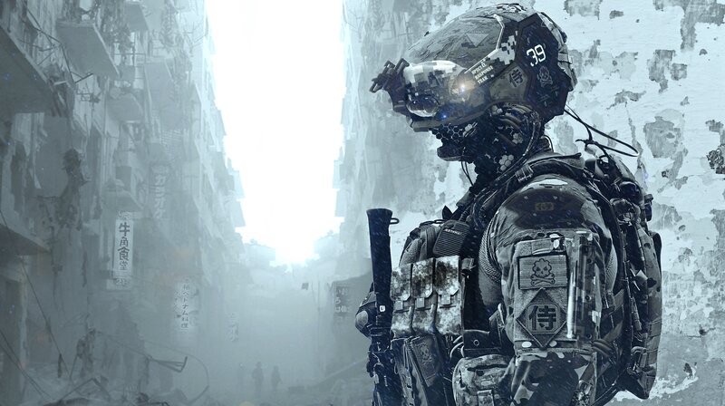 Soldier in Futuristic Armor — Gray, Dramatic, Digital Art, Ruined Buildings