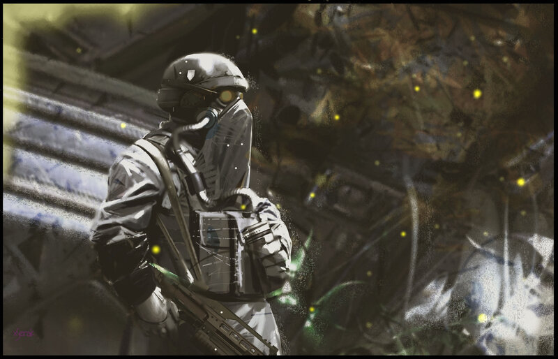 Soldier in Futuristic Armor — Gray, Dramatic, Night, Digital Art, Gun