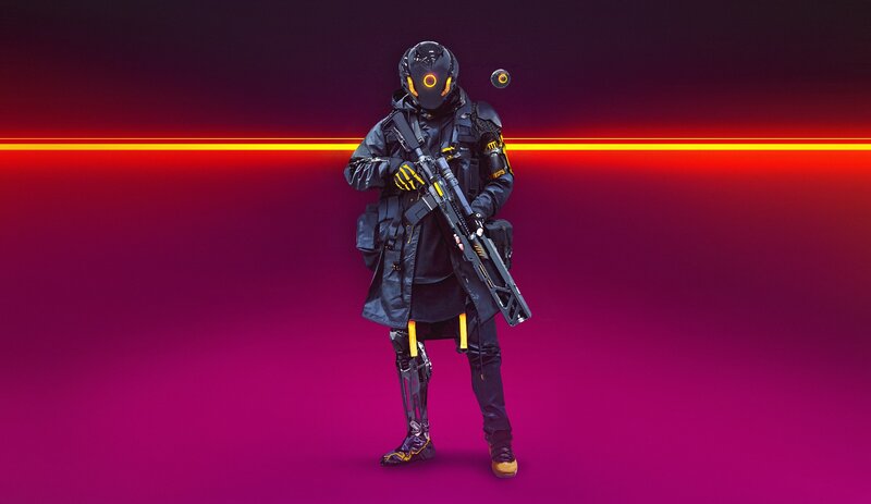 Soldier in Futuristic Armor — Purple, Dramatic, Digital Art, Gun
