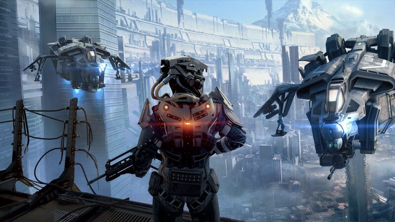 soldier in futuristic city