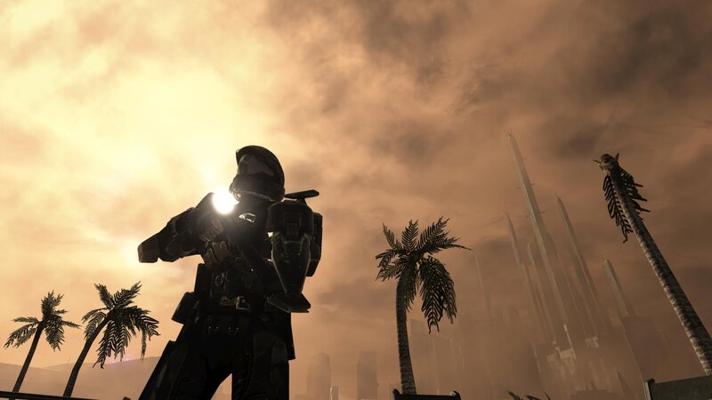 soldier in futuristic city