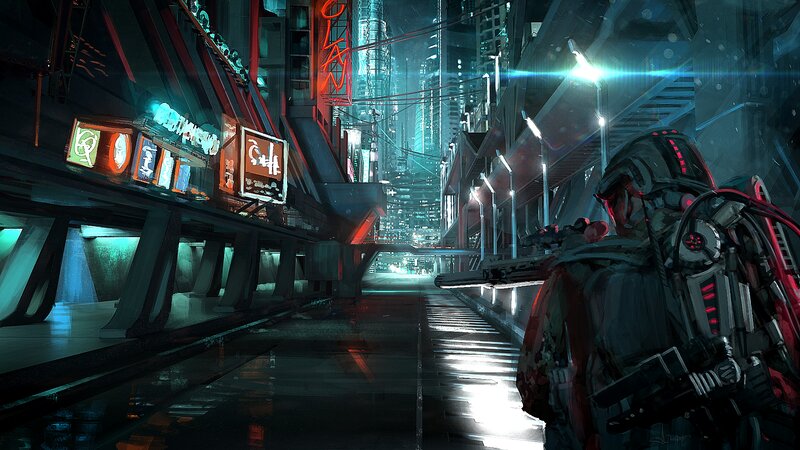 Soldier in Futuristic City — Blue