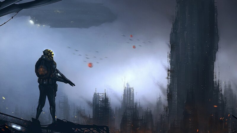 Soldier in Futuristic City — Gray