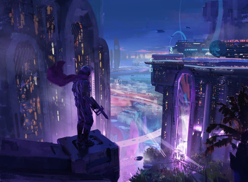 Soldier in Futuristic City — Purple, Dramatic