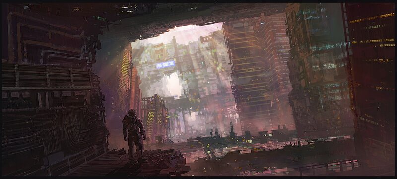Soldier in Futuristic City — Purple
