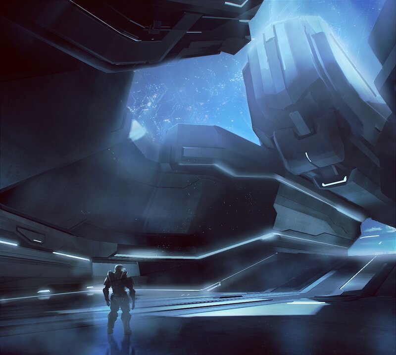 Soldier in Futuristic Corridor — Blue, Dramatic, Digital Art