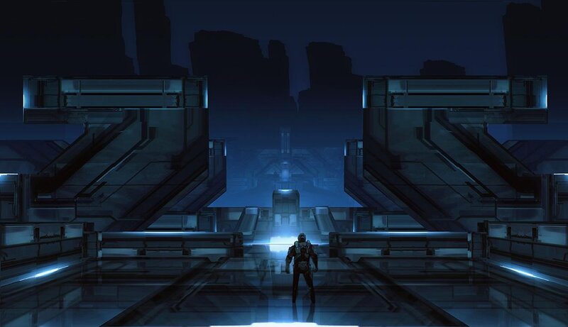 Soldier in Futuristic Corridor — Blue, Dramatic, Night, Digital Art