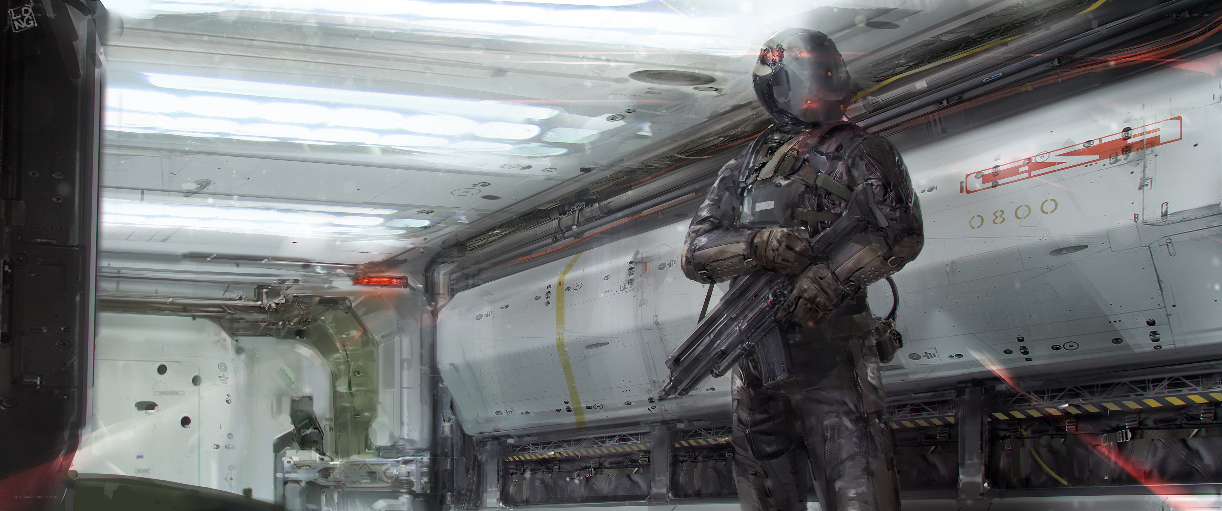 soldier in futuristic hangar