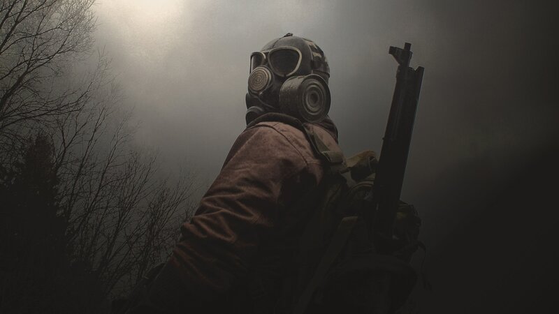 soldier in gas mask