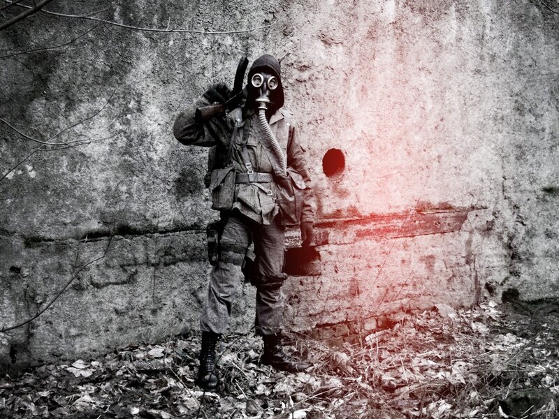soldier in gas mask