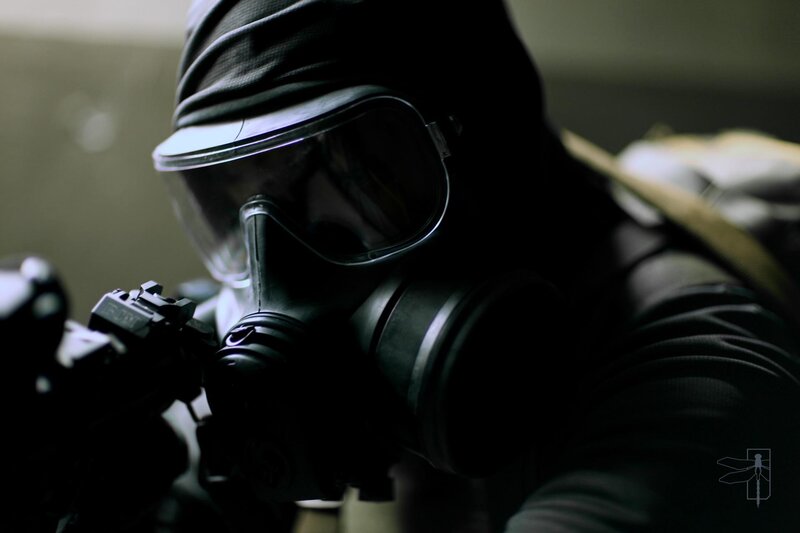soldier in gas mask