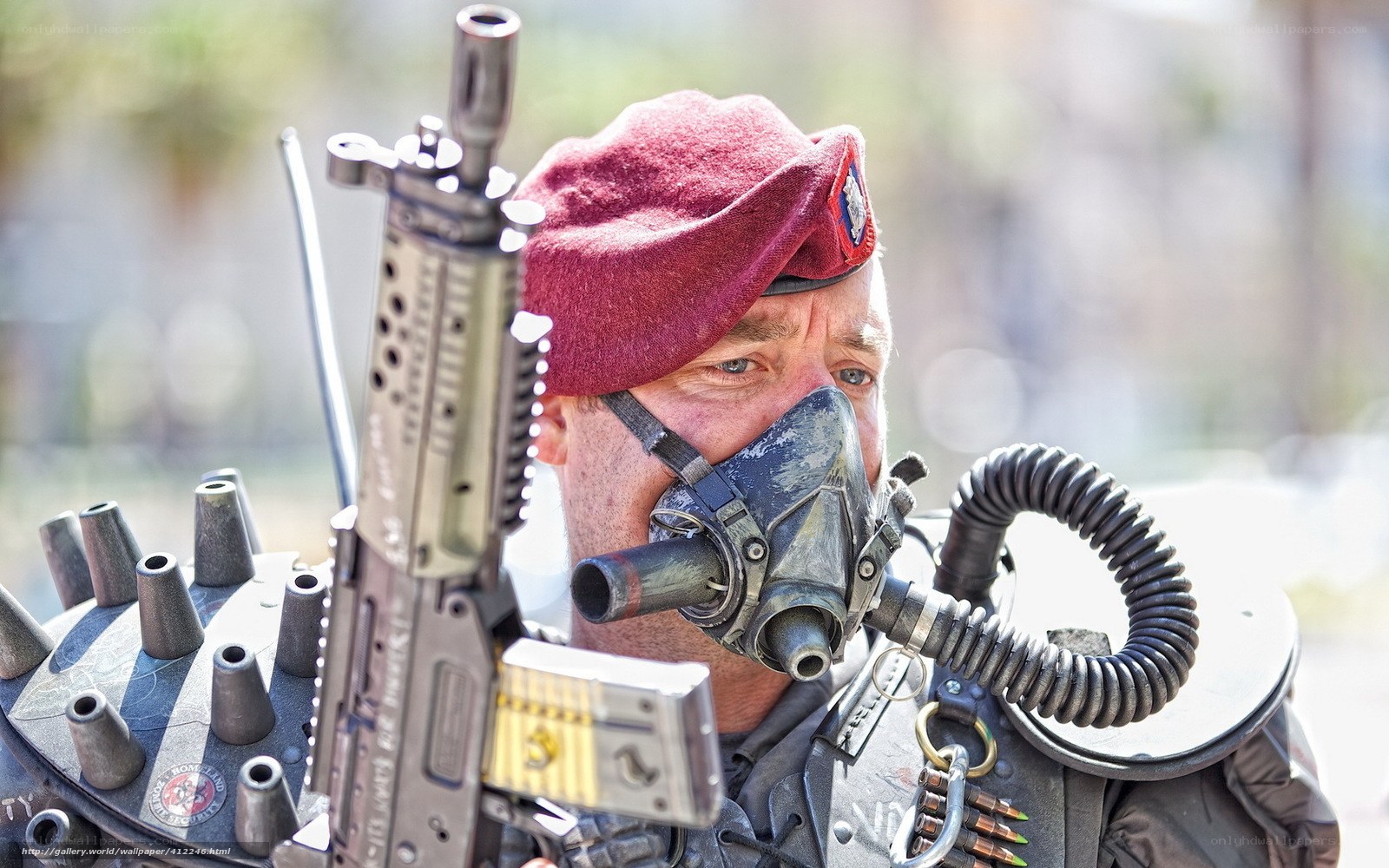 soldier in gas mask and beret