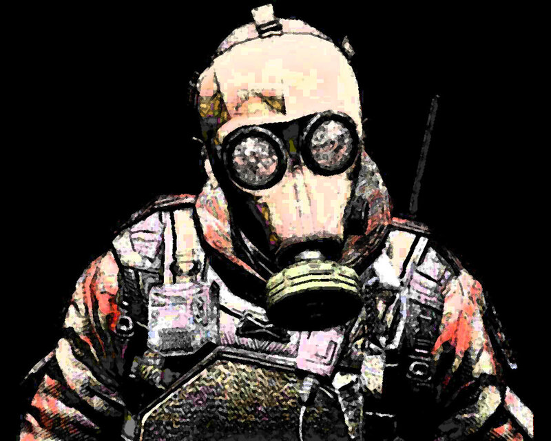 Soldier in Gas Mask — Black, Dramatic, Digital Art, Gas Mask, Vest