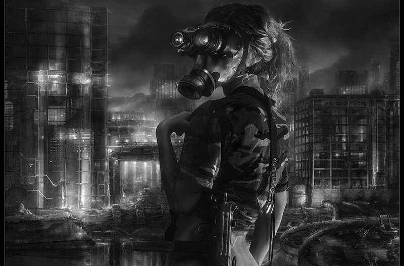 Soldier in Gas Mask — Black, Dramatic, Night, Digital Art, City Ruins