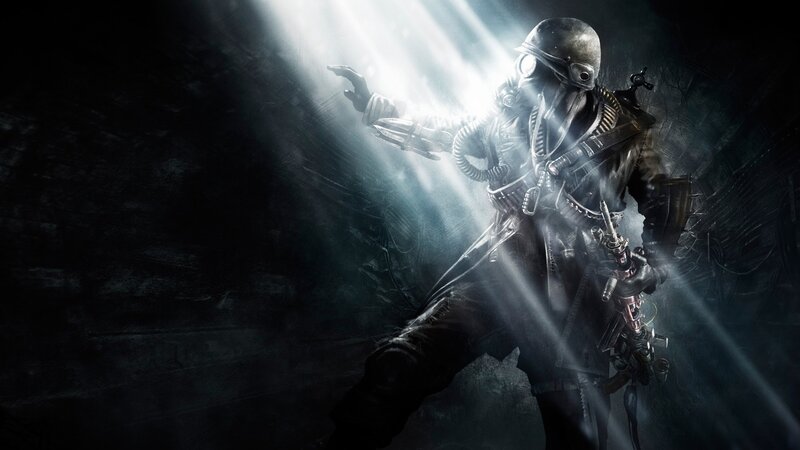 Soldier in Gas Mask — Black, Dramatic, Night, Digital Art, Gas Mask, Weapon, Light Beams