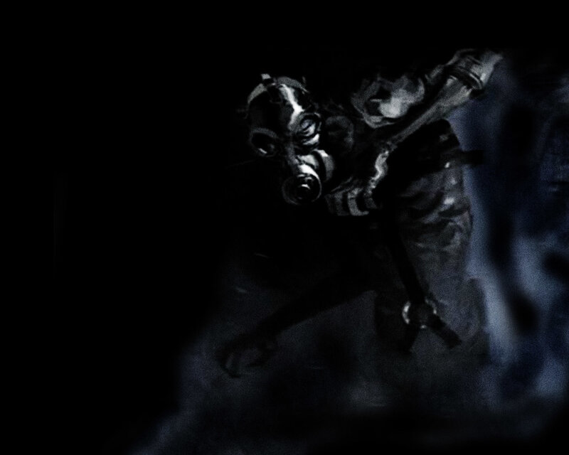 Soldier in Gas Mask — Black, Dramatic, Night, Digital Art, Gas Mask, Weapon