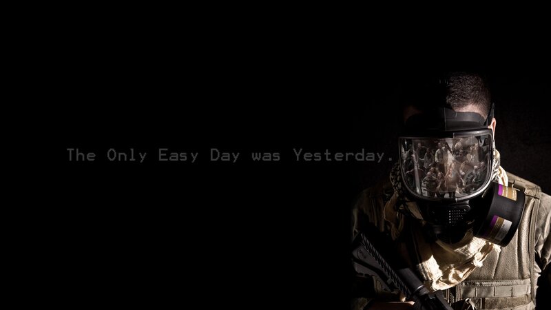 Soldier in Gas Mask — Black, Dramatic, Night, Photograph