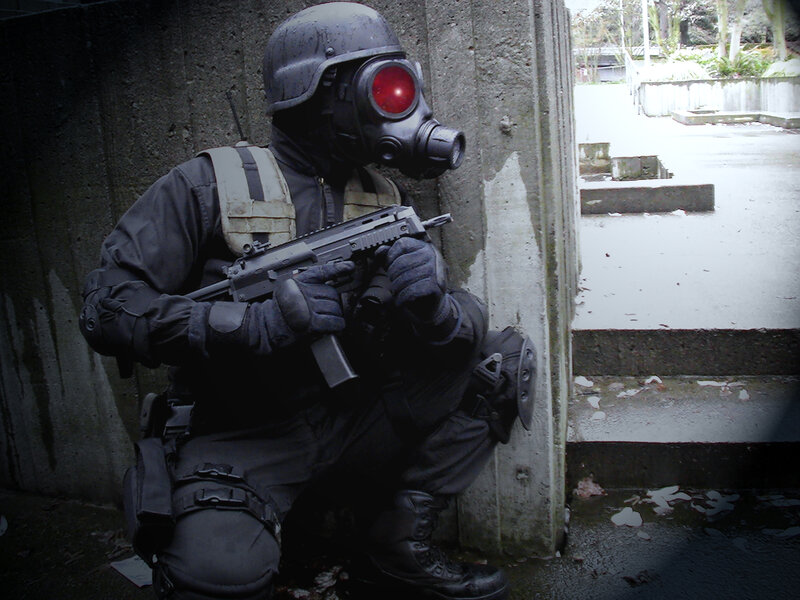 Soldier in Gas Mask — Black, Dramatic, Photograph