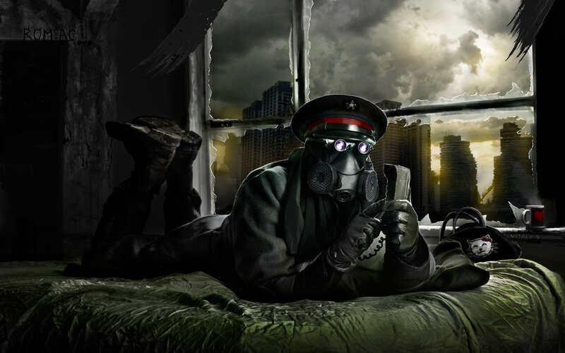 Soldier in Gas Mask — Black, Dramatic, Sunset, Digital Art, Gas Mask