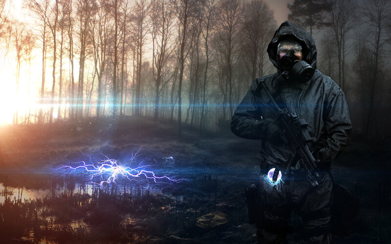 Soldier in Gas Mask — Black, Dramatic, Sunset, Digital Art