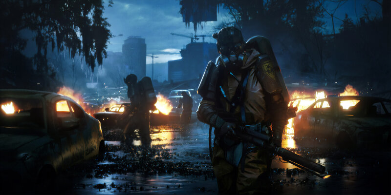 Soldier in Gas Mask — Blue, Dark, Dramatic