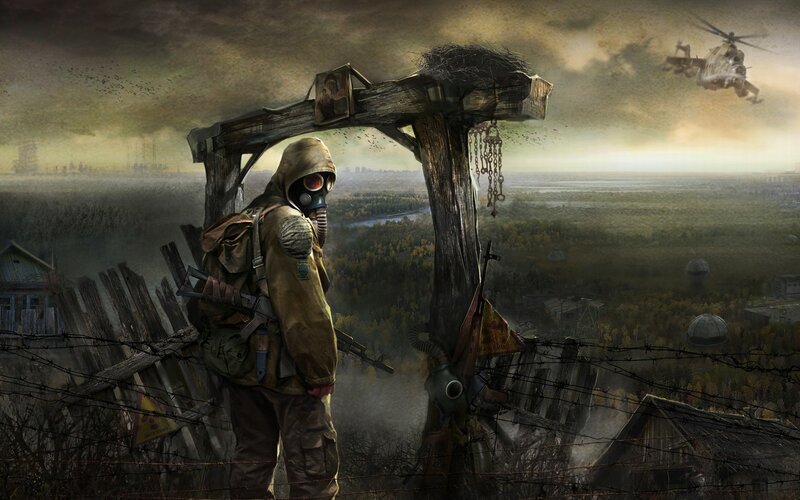 Soldier in Gas Mask — Brown, Dramatic, Autumn, Digital Art, Helicopter, Barbed Wire