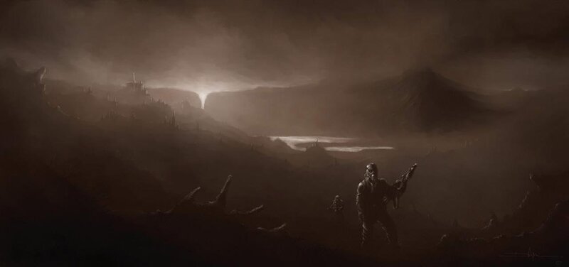 Soldier in Gas Mask — Brown, Dramatic, Night, Digital Art, Mountains