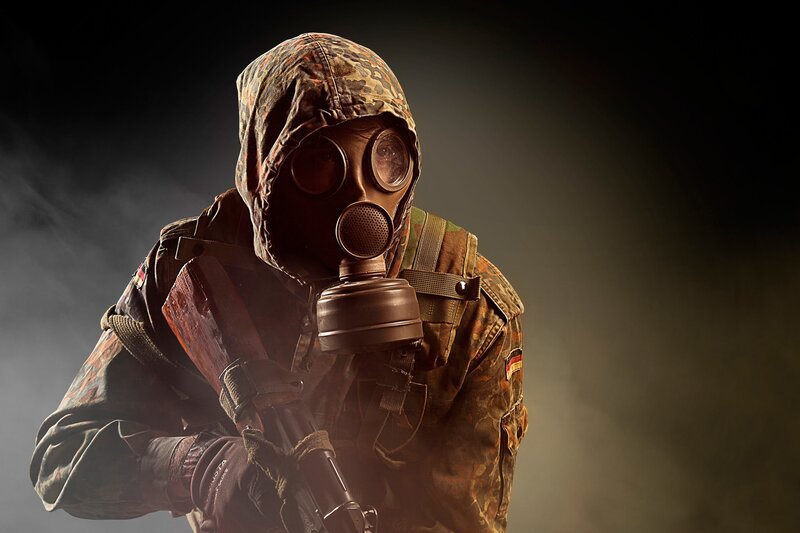 Soldier in Gas Mask — Brown, Dramatic, Photograph