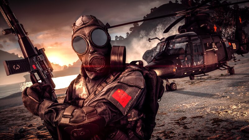 Soldier in Gas Mask — Brown, Dramatic, Sunset, 3d Render, Helicopter