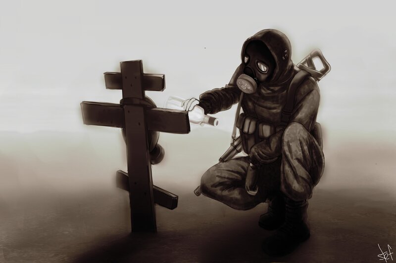 Soldier in Gas Mask — Brown, Somber, Digital Art, Cross