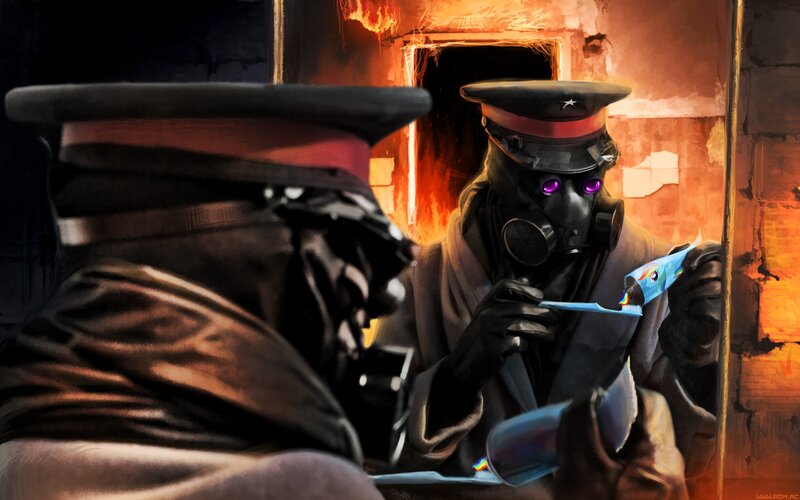 soldier in gas mask brushing teeth