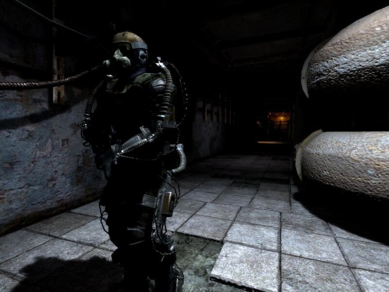 soldier in gas mask corridor