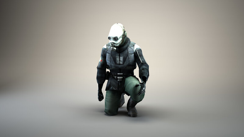 soldier in gas mask crouching
